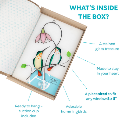 Open gift box with stained glass green hummingbirds, suction cup, and branding card inside.