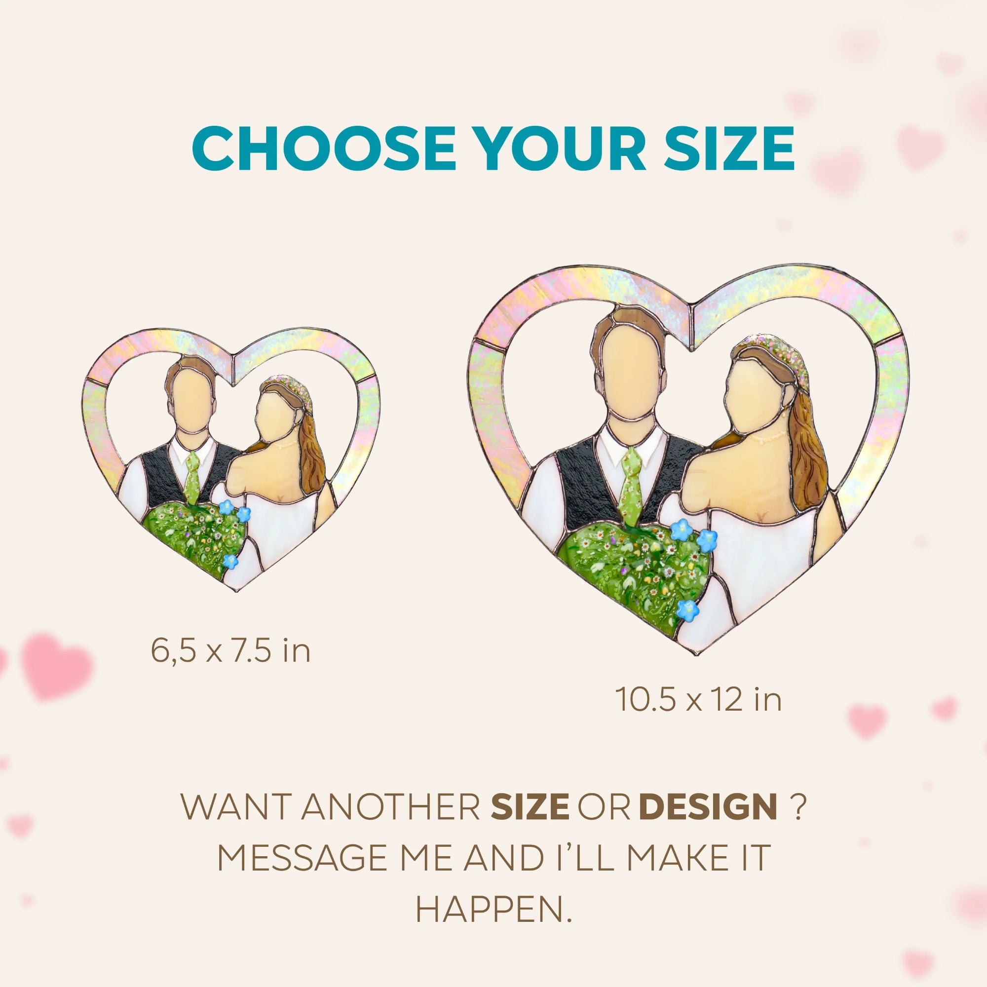 Two heart-shaped stained glass panels of a couple in different sizes