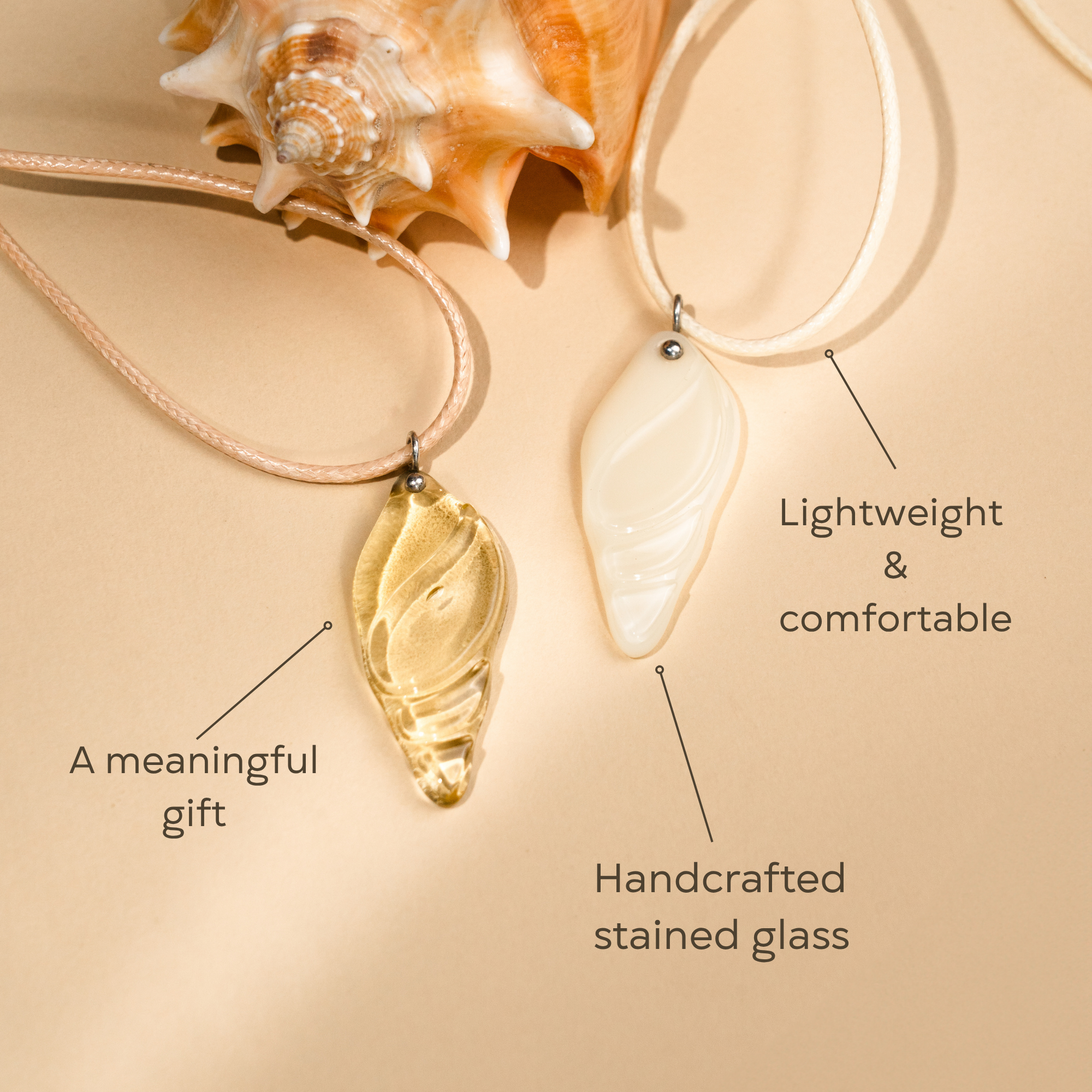 Two stained glass necklaces with shell-shaped pendants as a meaningful gift for her
