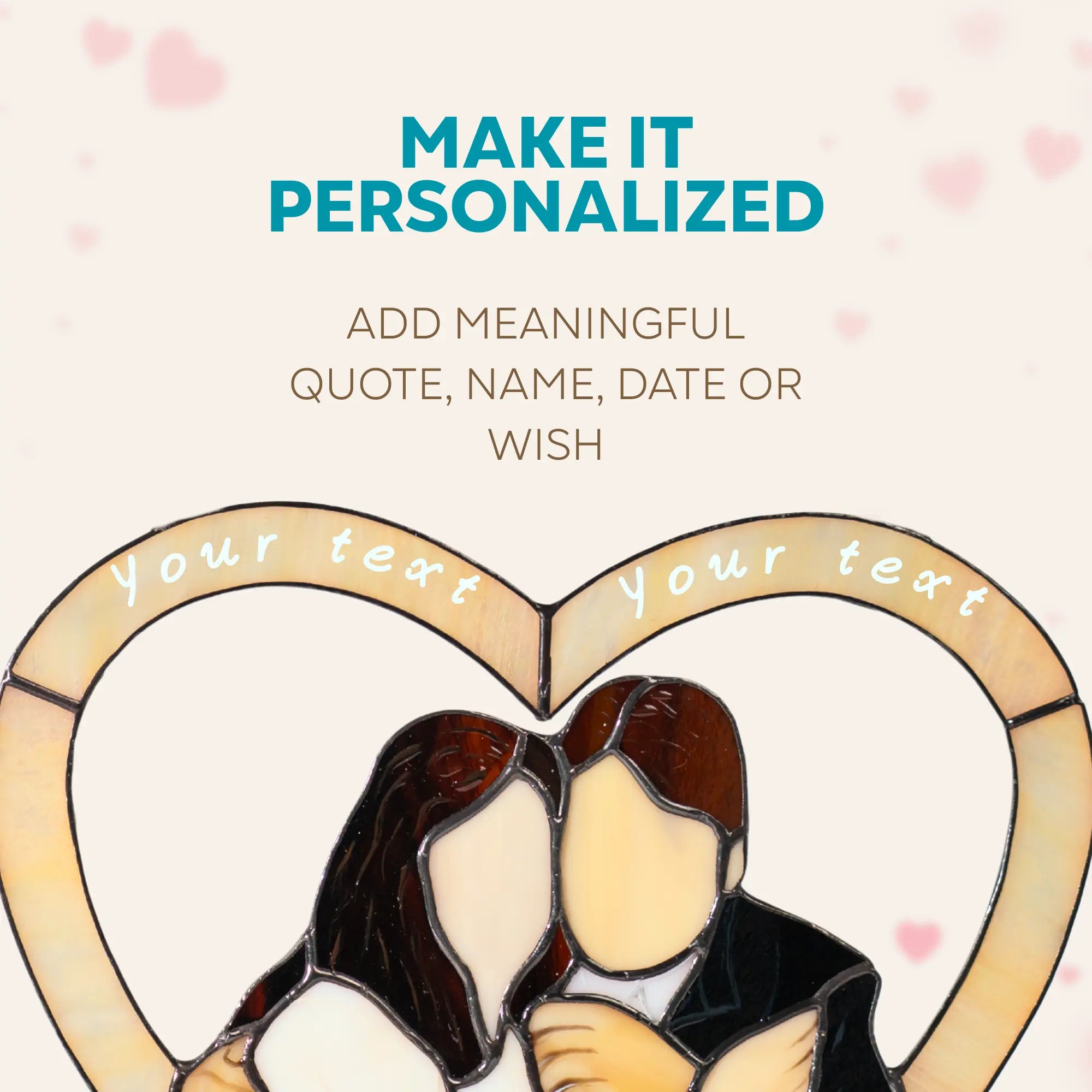 Two people hugging in a heart-shaped frame and customizable text overlay on a light pink background.