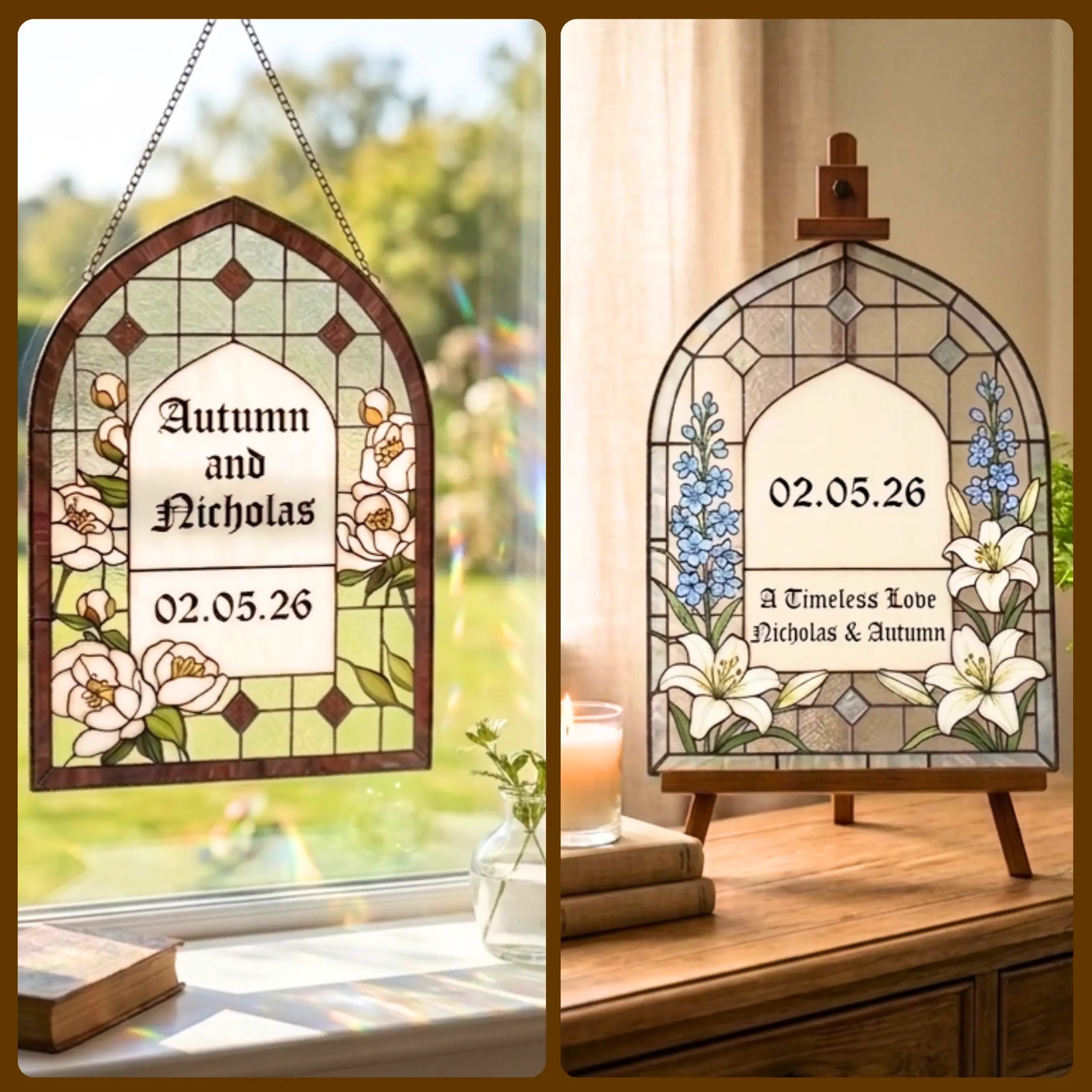 Two stained glass wedding panels with floral designs and personalized text, one hanging by a window and the other on a stand.