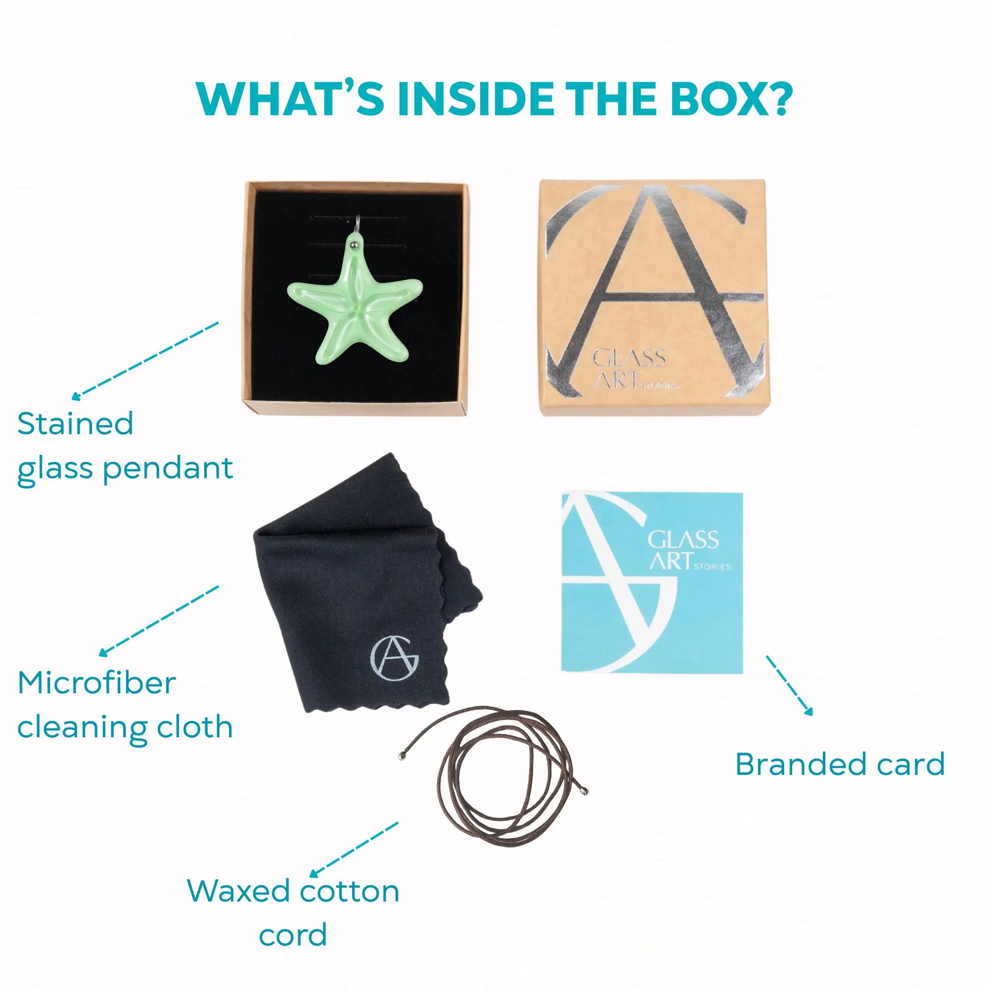 Items included in a box with stained glass pendant, microfiber cleaning cloth, waxed cotton cord, and branded card.