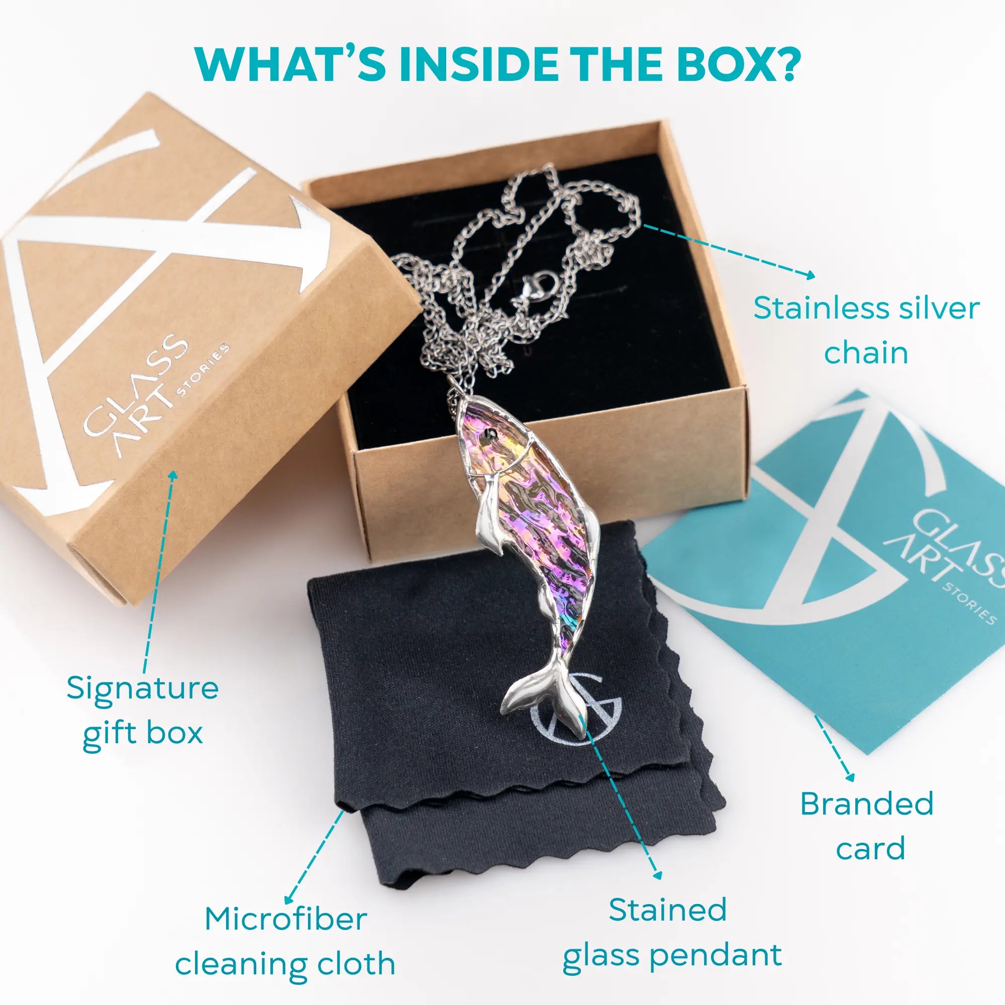 Glass Art Studio jewelry set with pendant, chain, cleaning cloth, and branded card on a white background.