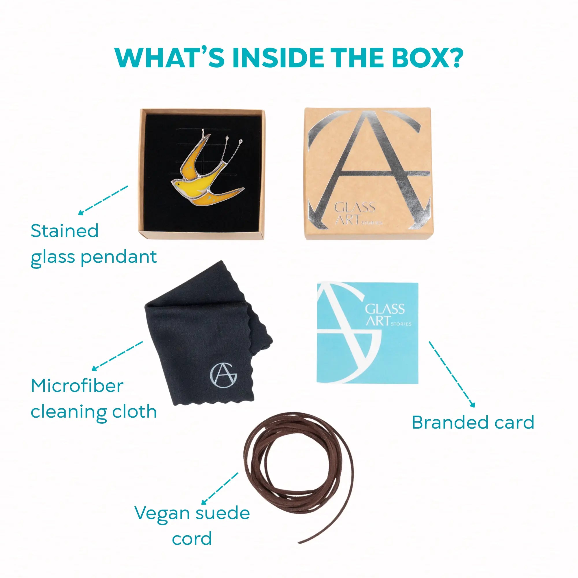 What’s inside the box: a yellow swallow pendant, branded packaging, vegan suede cord, microfiber cloth, and a branded card.