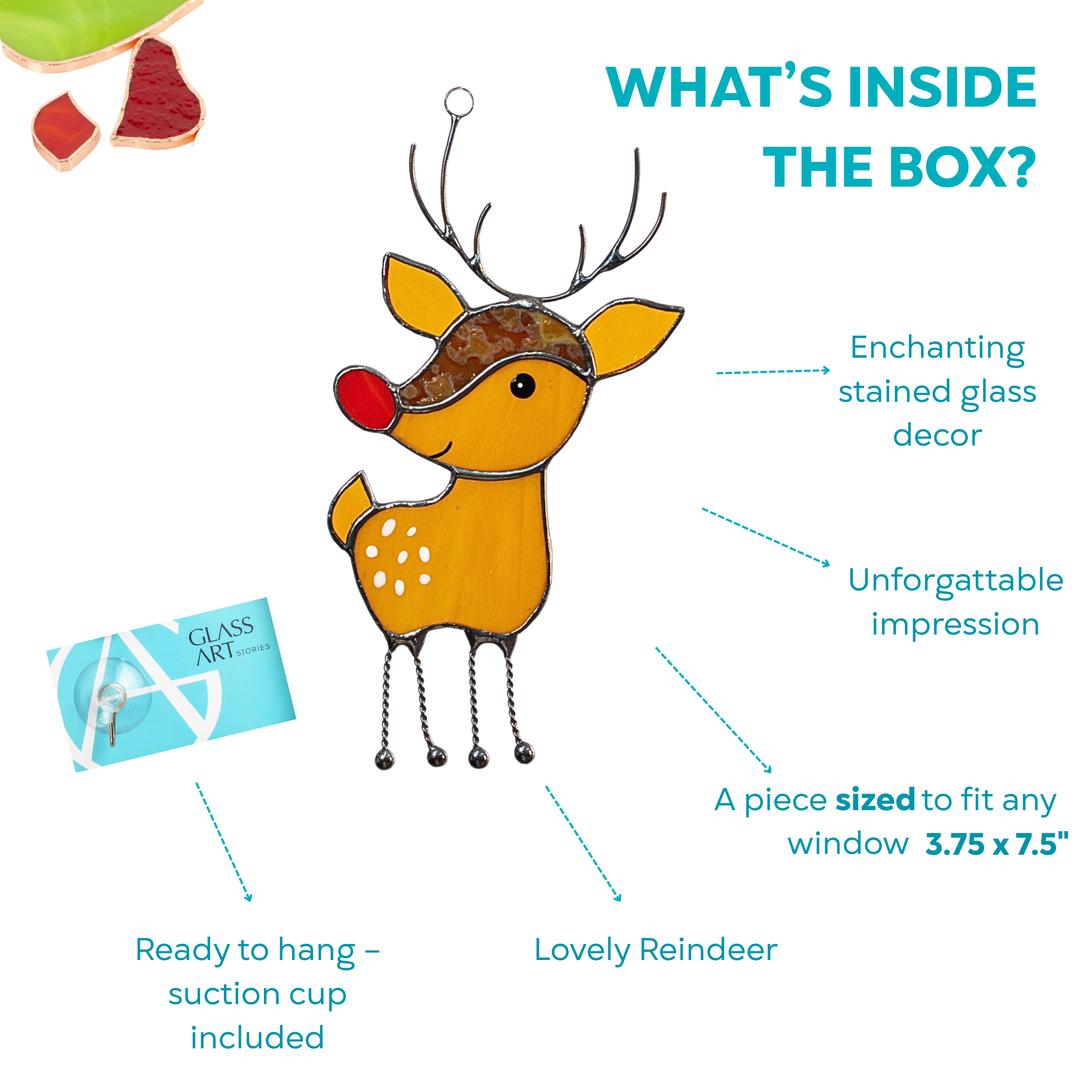 Boxed stained glass reindeer ornament shown with branded insert and suction cup, highlighting what's included.