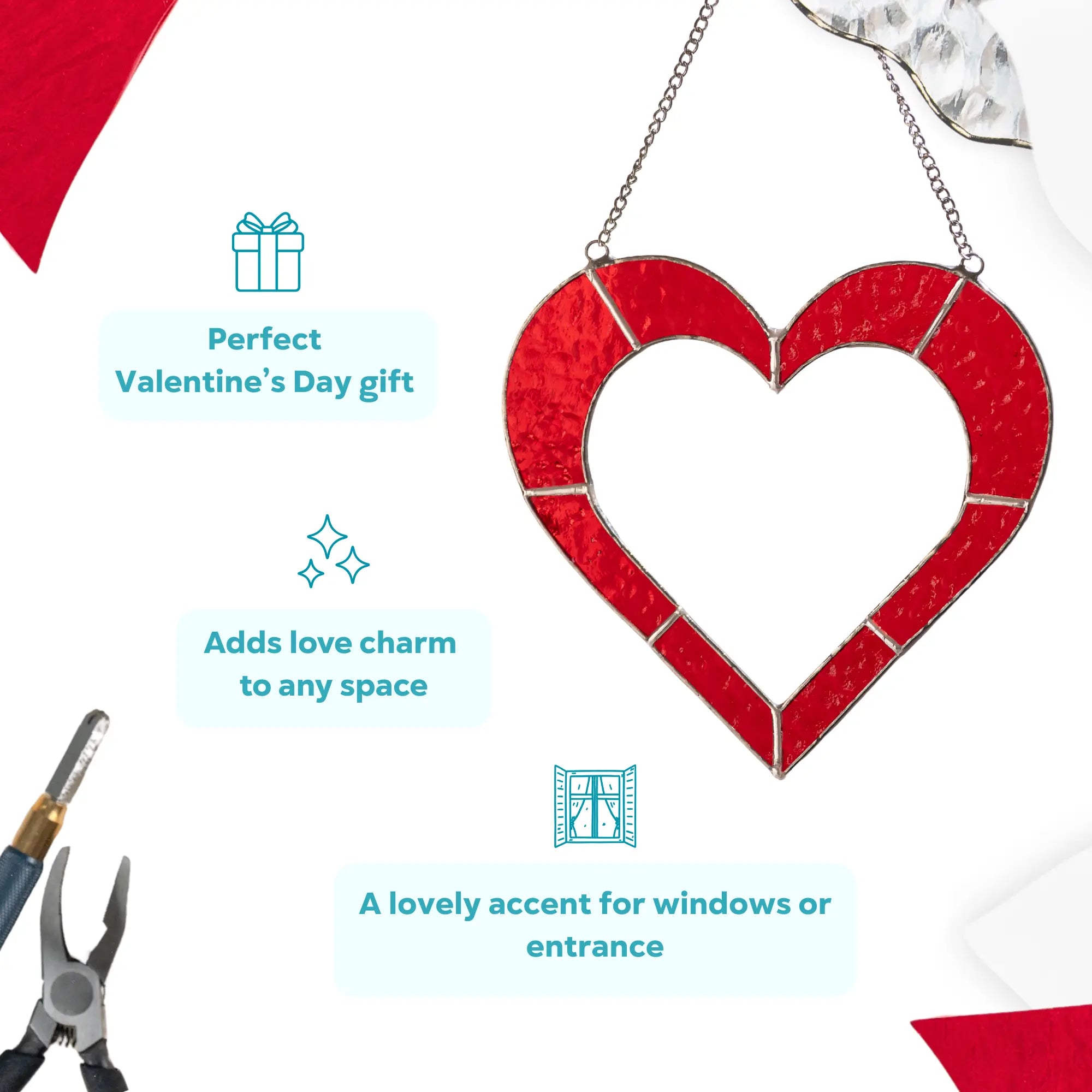 Red stained glass heart suncatcher shown as a Valentine’s Day gift idea.