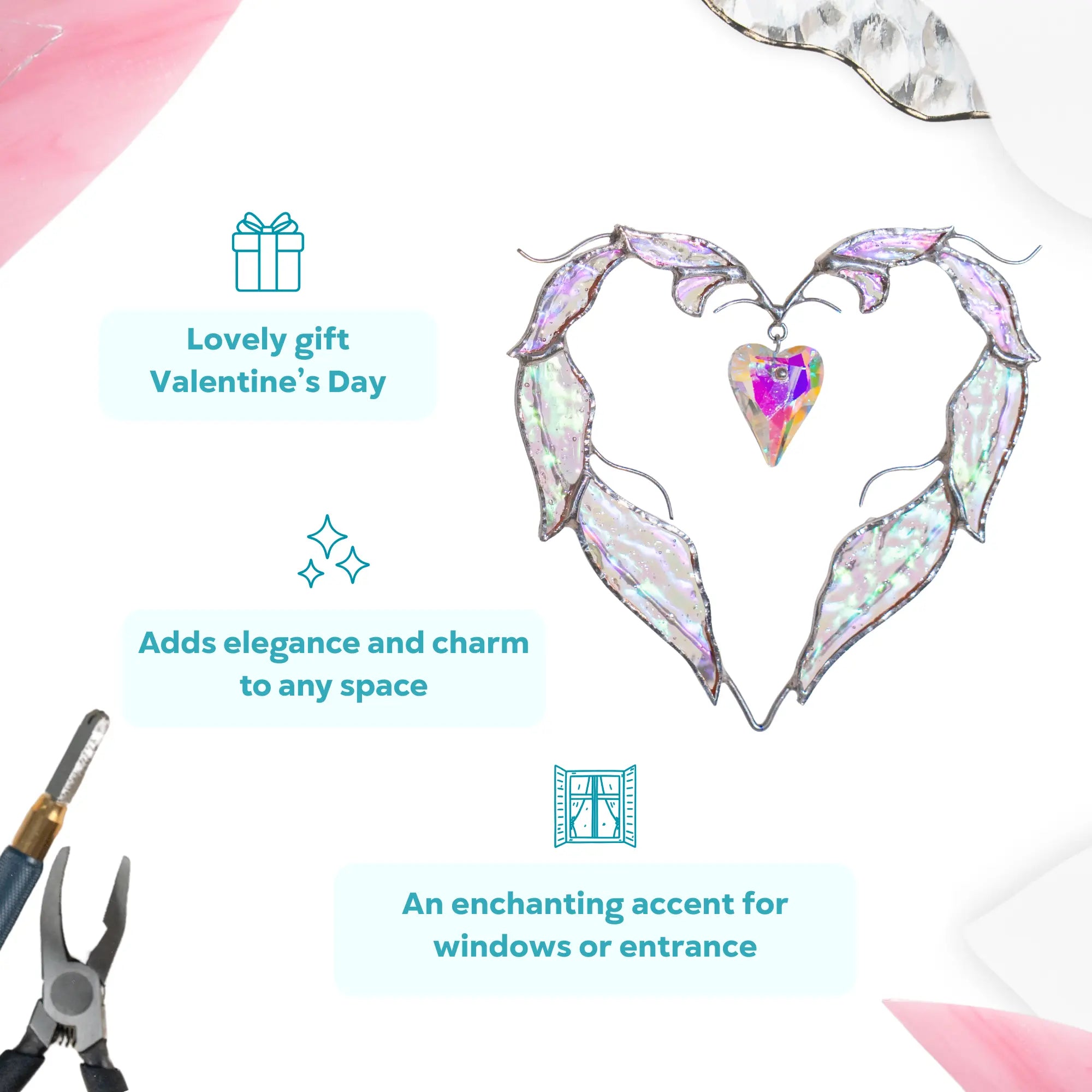 Romantic stained glass heart suncatcher with shimmering iridescent feathers and a crystal heart, shown as a Valentine’s Day gift idea.