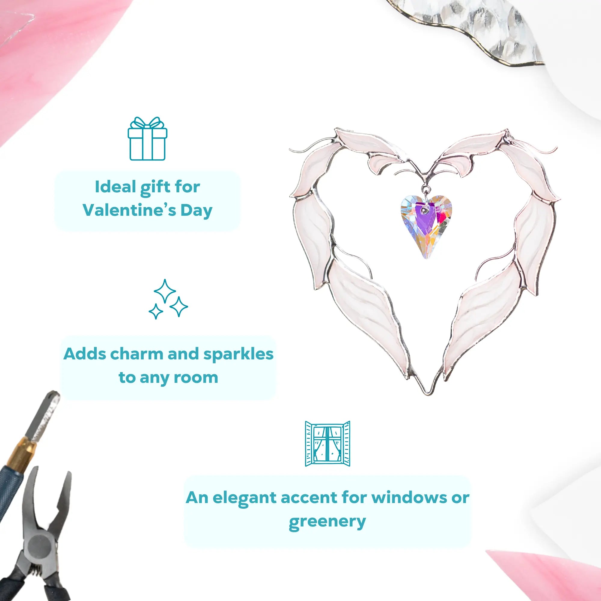 Infographic showing a winged heart stained glass suncatcher presented as an ideal Valentine’s Day gift.