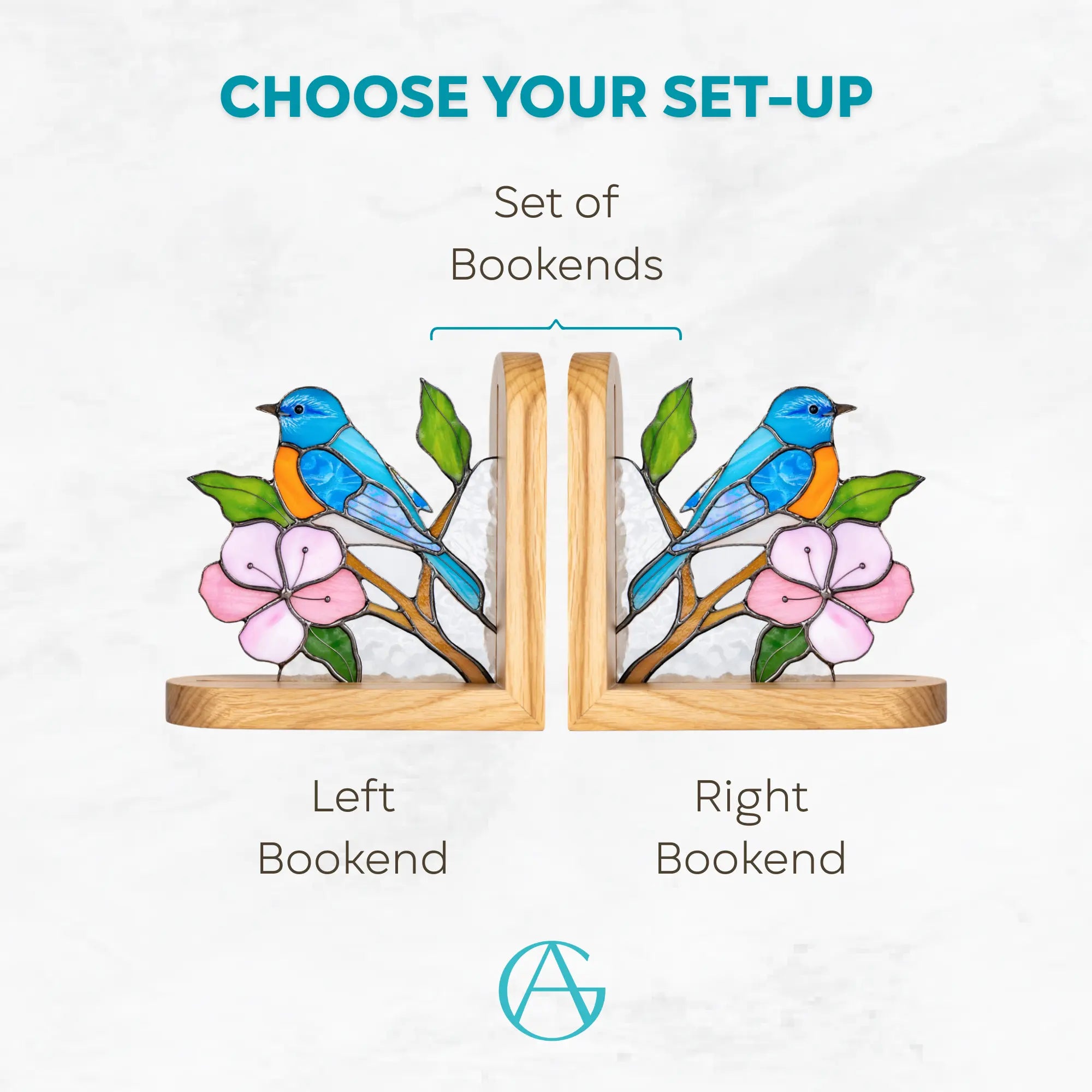 Variation of bookends with bluebird and pink sakura flower: left bookend, right bookend, set of both
