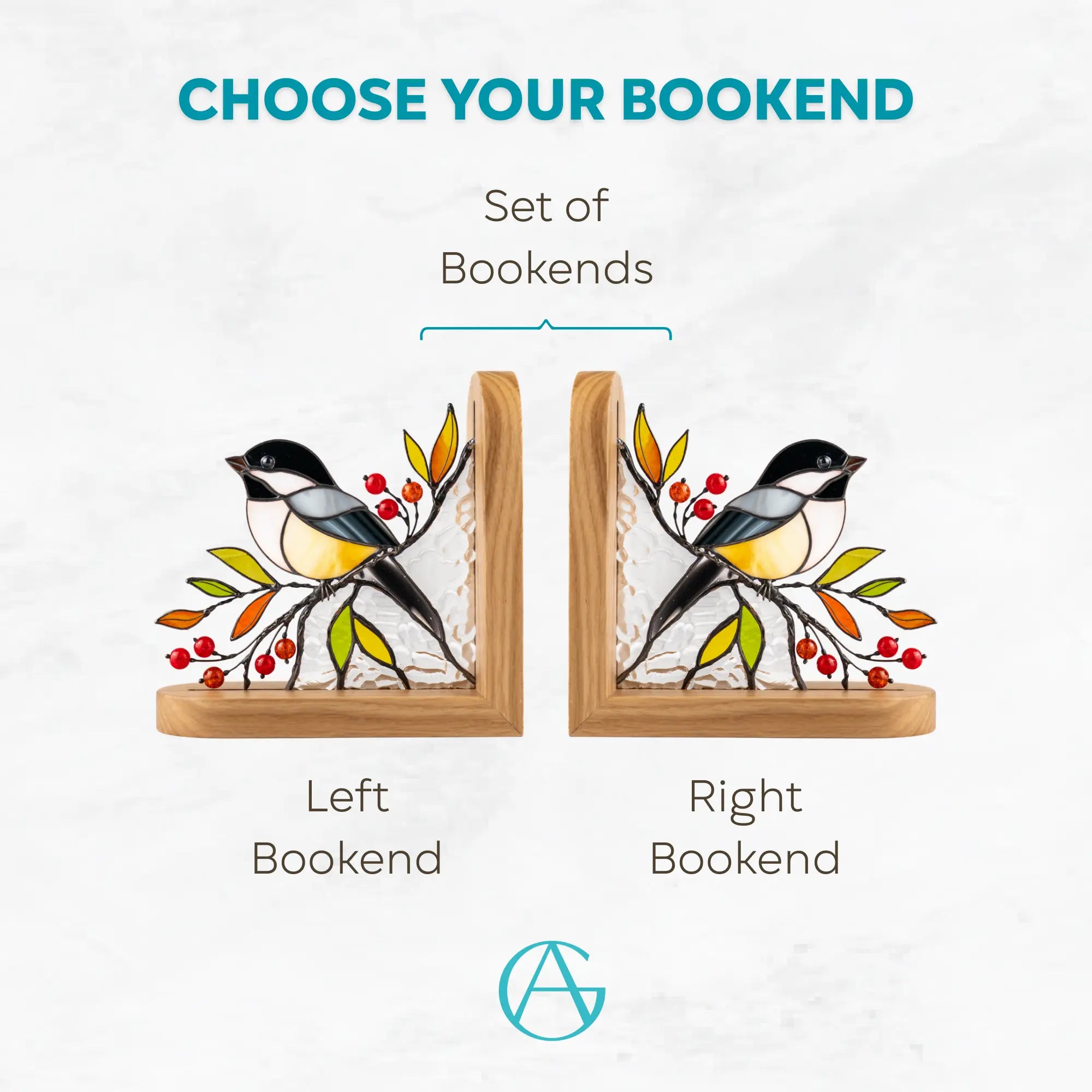 Variation of bookends with chickadee on a branch: left bookend, right bookend and set of both