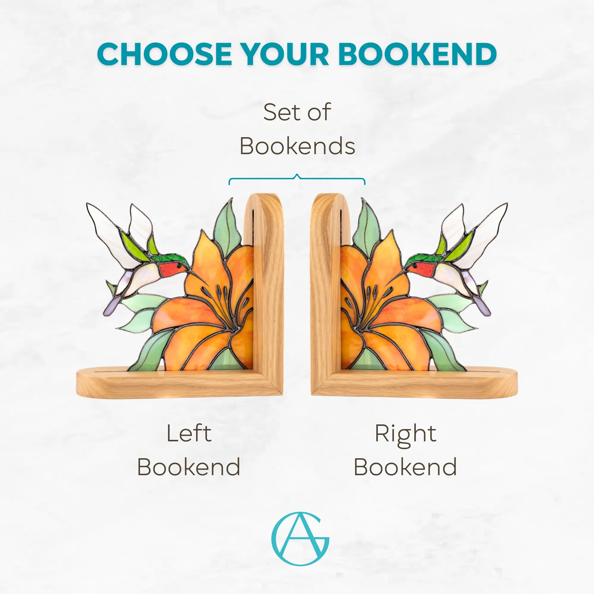 Variation of bookends with floral and hummingbird design: left bookend, right bookend, set of both