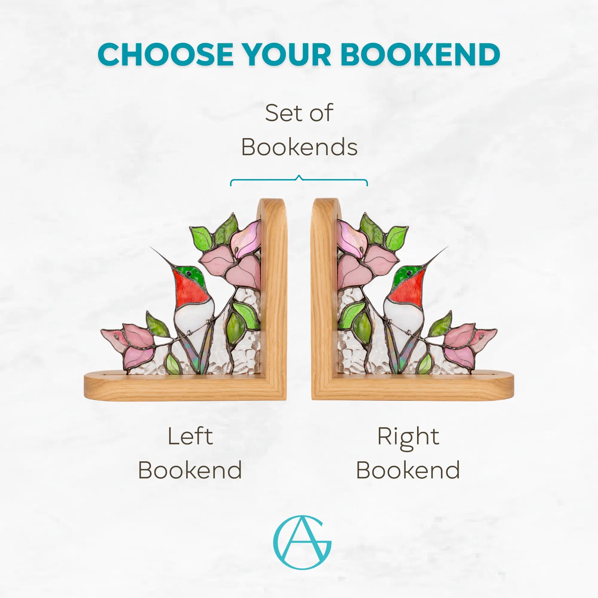 Variation of stained glass bookends with hummingbird and floral design: left bookend, right bookend and set of both