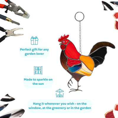 Stained glass rooster suncatcher with red, orange, and yellow glass pieces, shown as perfect gift