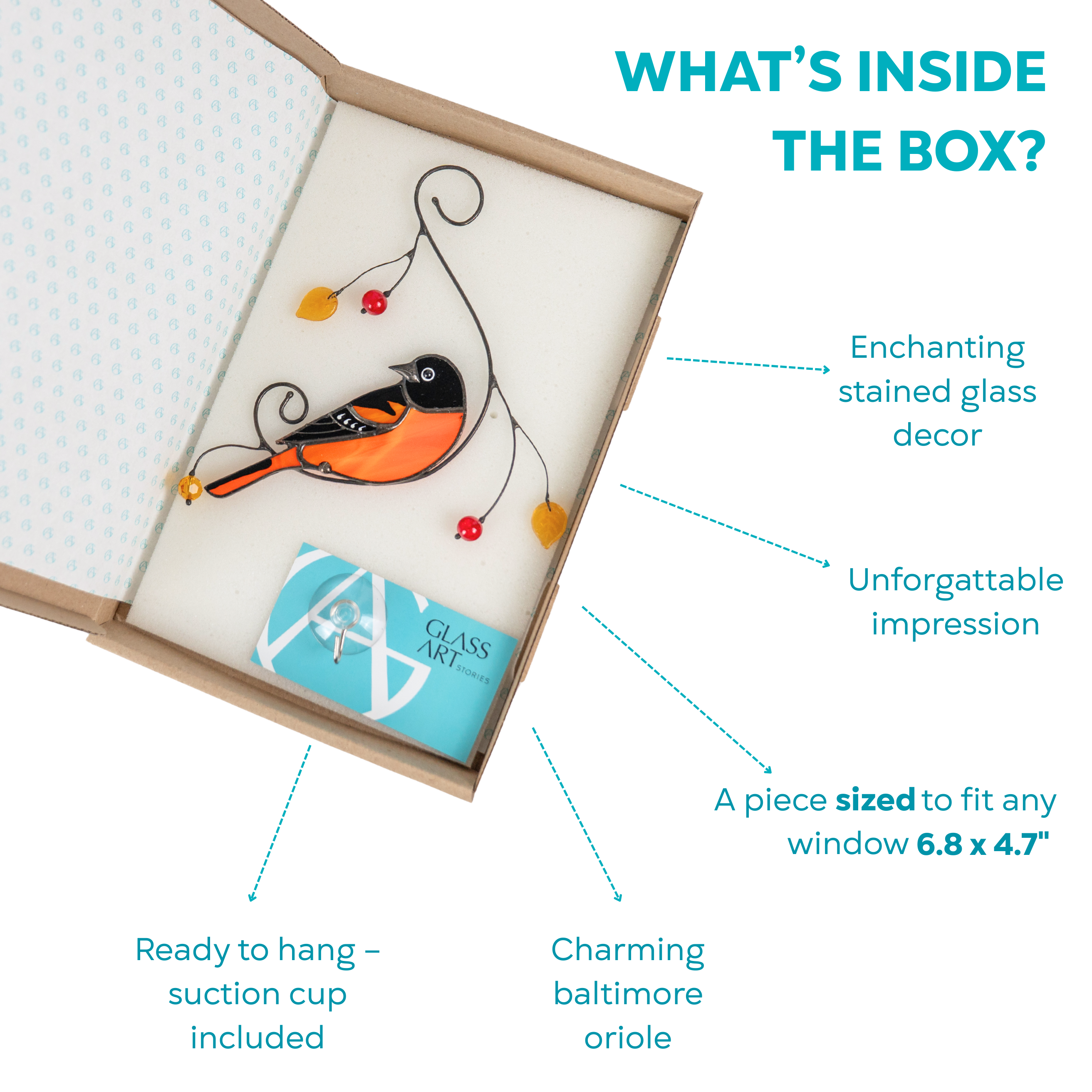 Box contents shown: vibrant baltimore oriole suncatcher with yellow and red beads, included hanging kit and packaging