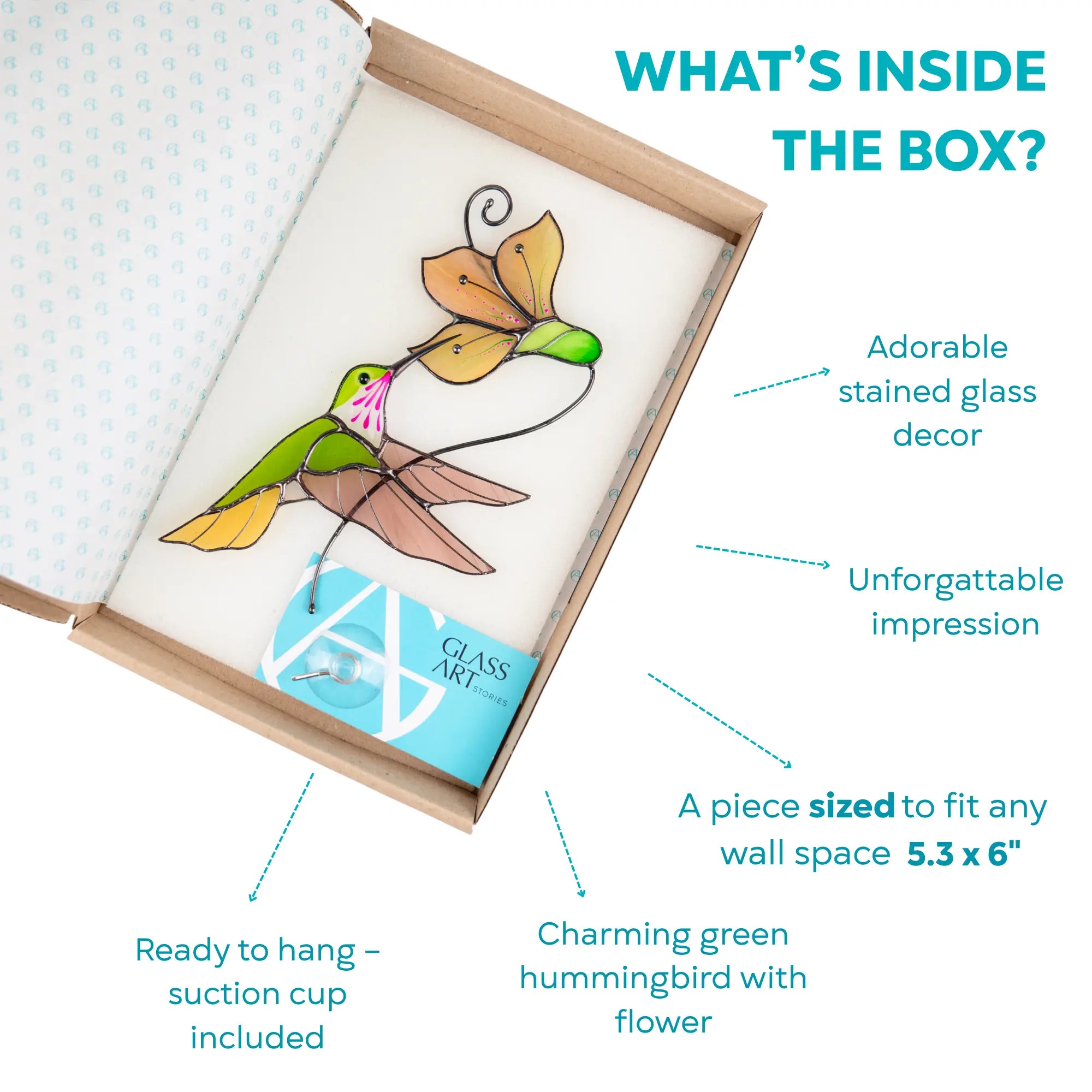 Stained glass decor of a hummingbird and flower in a box with its components 