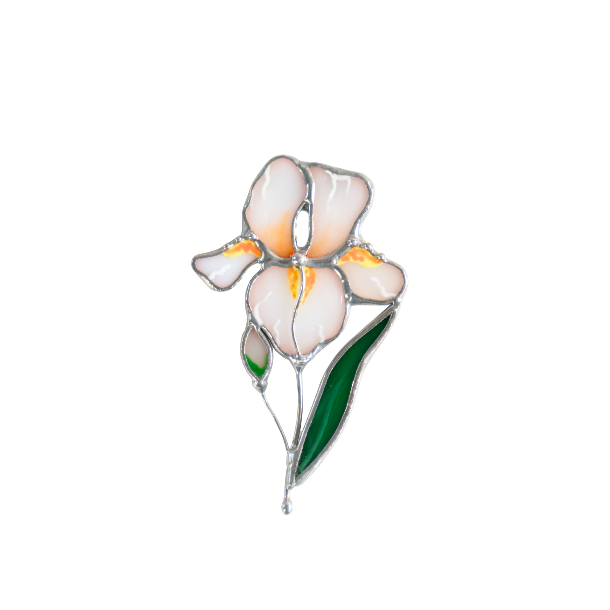 Decorative brooch with a white iris flower design on a white background