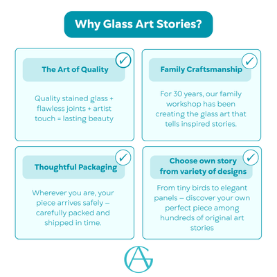 Infographic showing reasons to choose Glass Art Stories: quality, packaging, family craft, variety