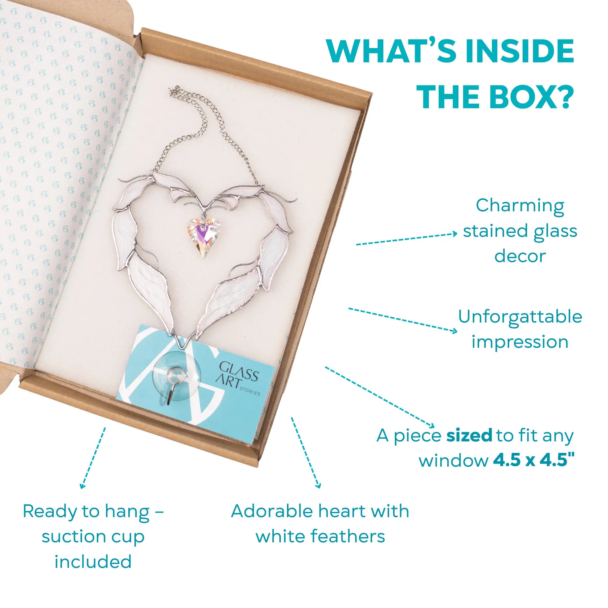 Infographic displaying what’s inside the box: a winged heart stained glass suncatcher with white glass feathers, iridescent crystal heart, chain, and suction cup included.