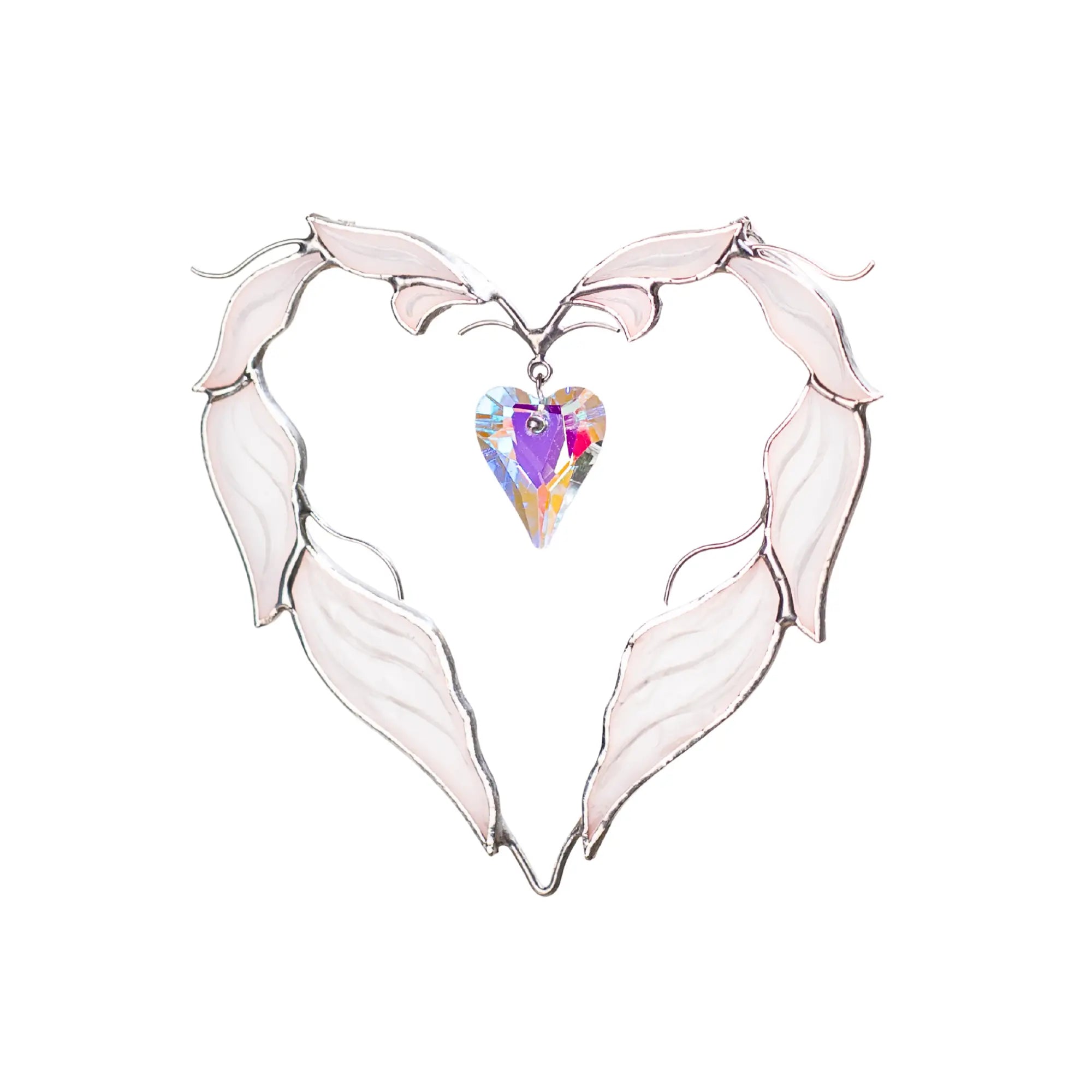 Handmade winged heart stained glass suncatcher featuring soft white glass wings and an iridescent crystal heart in the center.