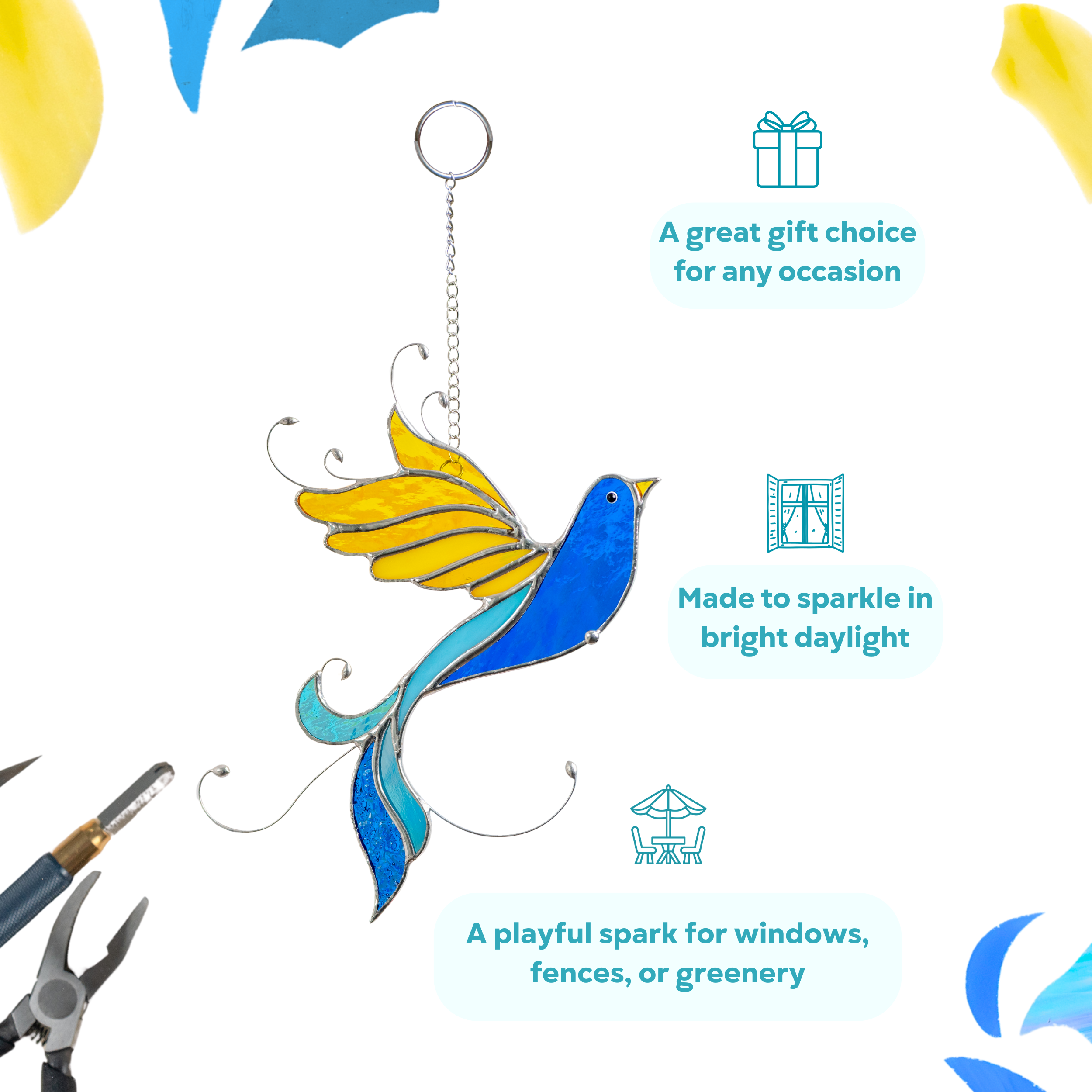 Infographic showing stained glass bird with bright wings as a perfect gift and decor idea.