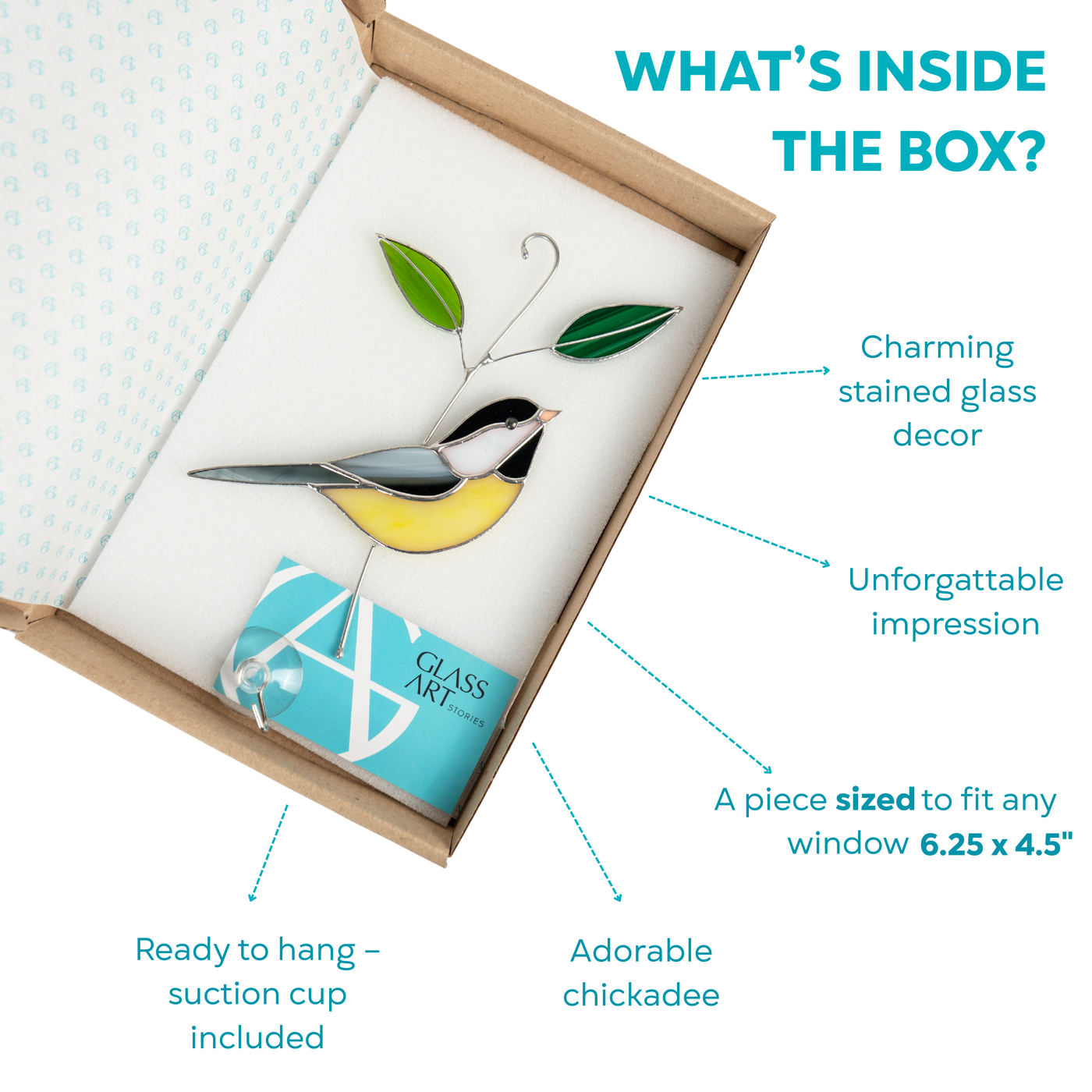 Ready-to-gift stained glass chickadee suncatcher with suction cup – nature-inspired decor in branded packaging.