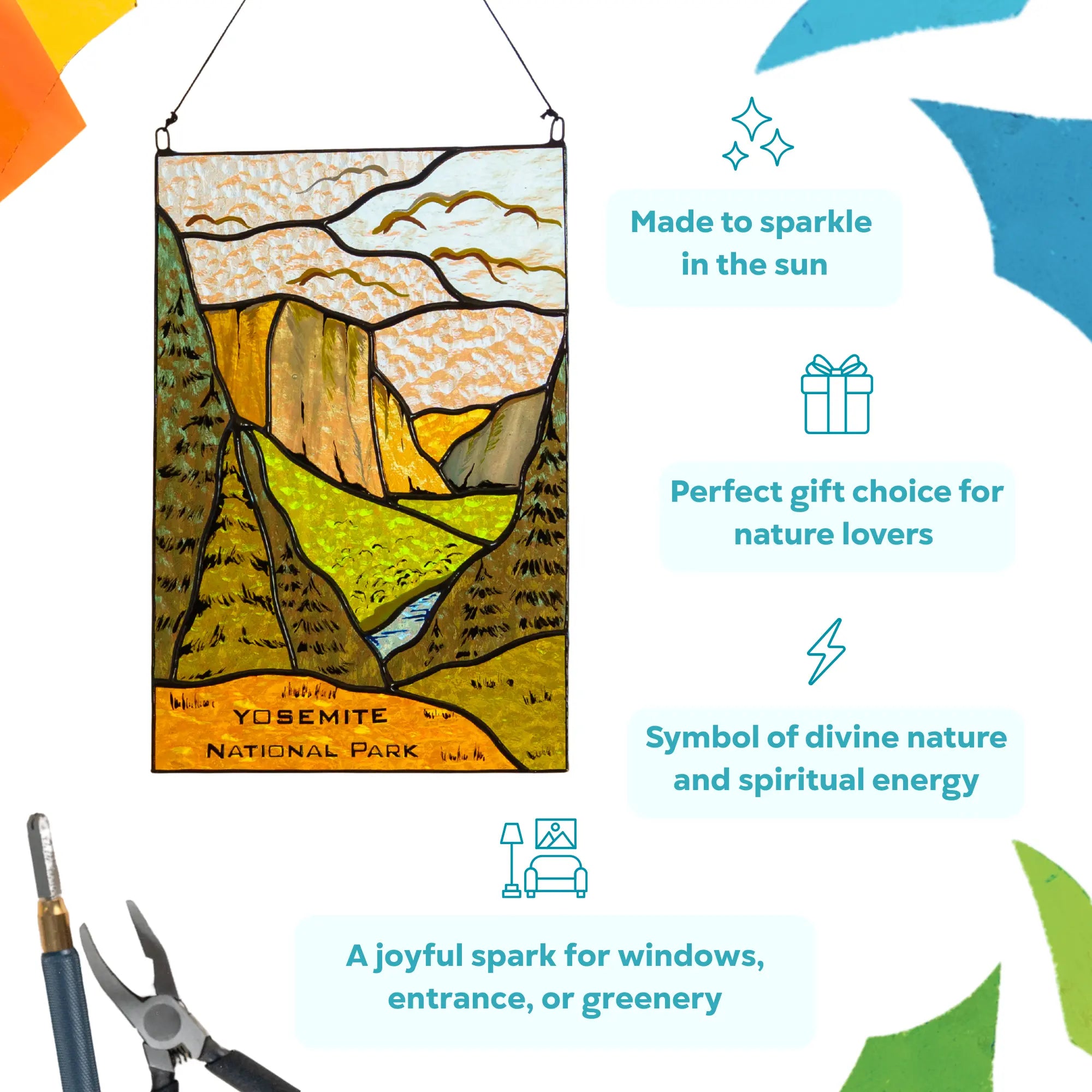 Decorative stained glass panel of Yosemite National Park with text on a colorful background