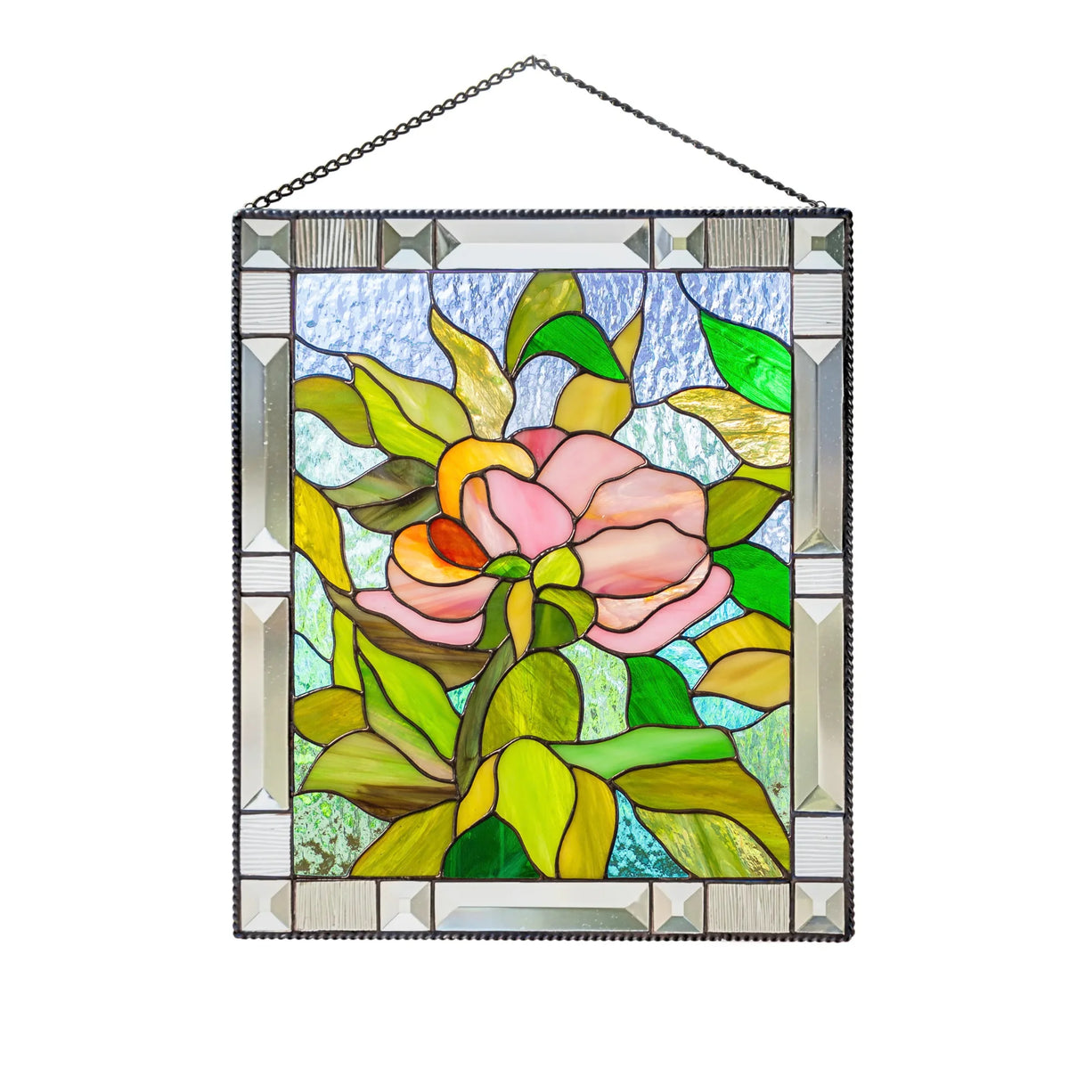 Stained glass panel featuring peony bud with green leaves