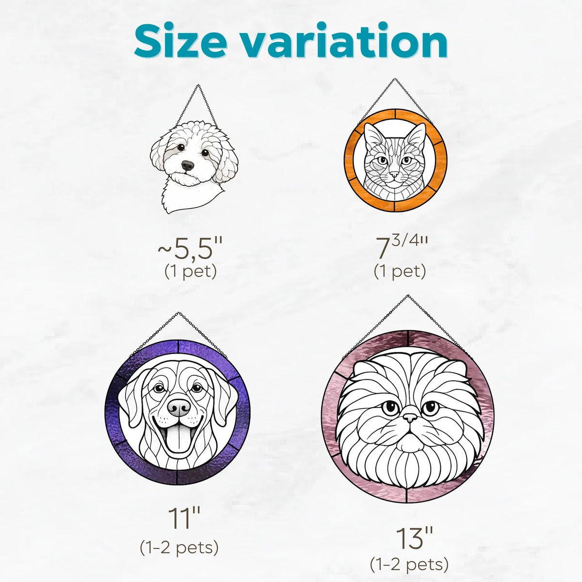 Size variation of different stained glass pet portrait panels and suncatcher