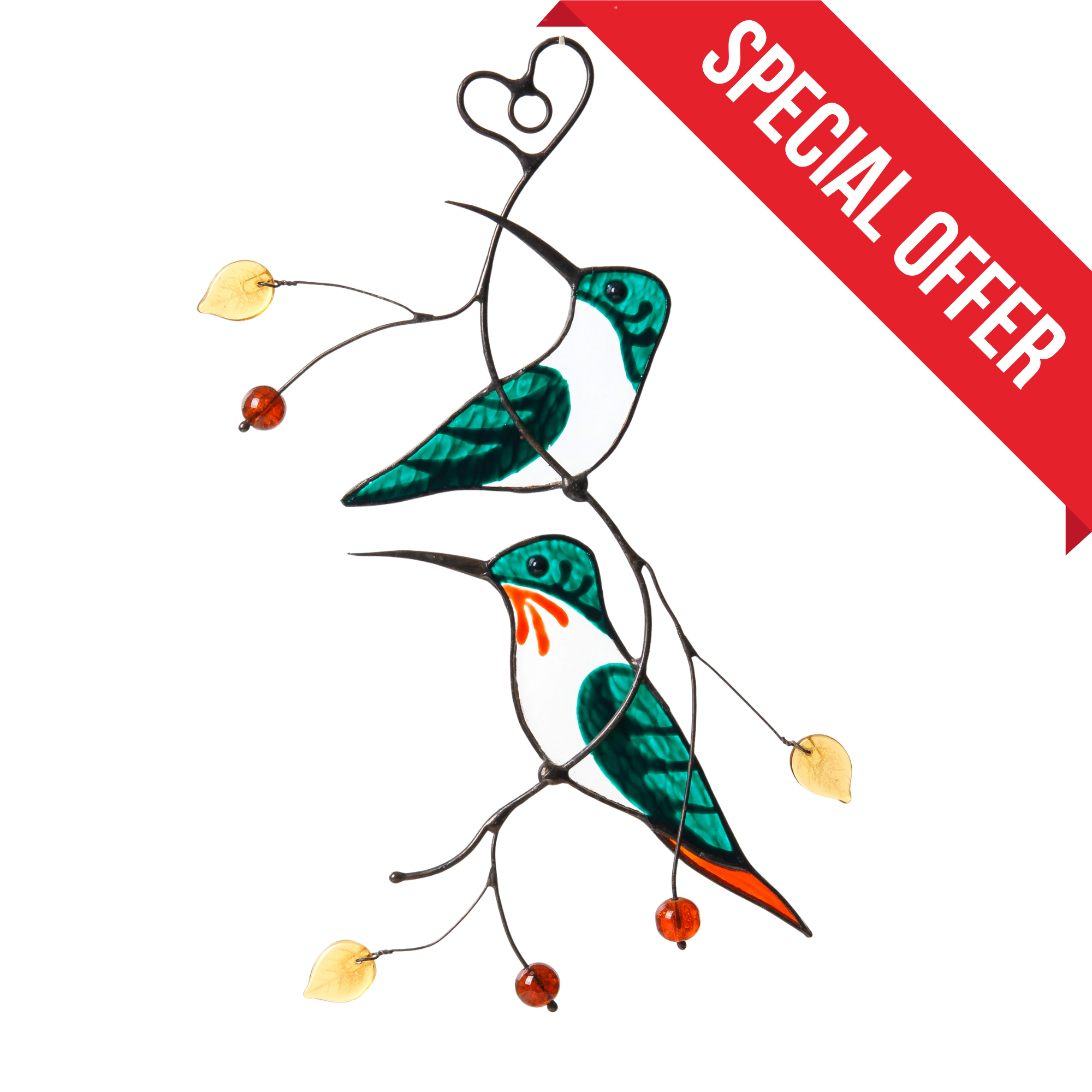 Pair of Green Hummingbirds - Stained Glass Suncatcher