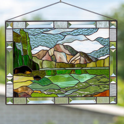 Stained glass Grand Teton national park panel depicting its mountains and String Lake