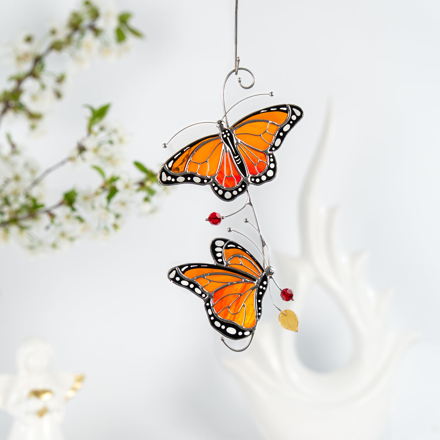 Orange monarch butterflies stained glass suncatcher
