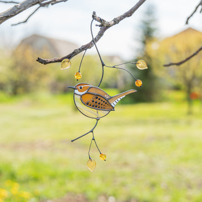 Stained glass suncatcher of Carolina Wren Bird