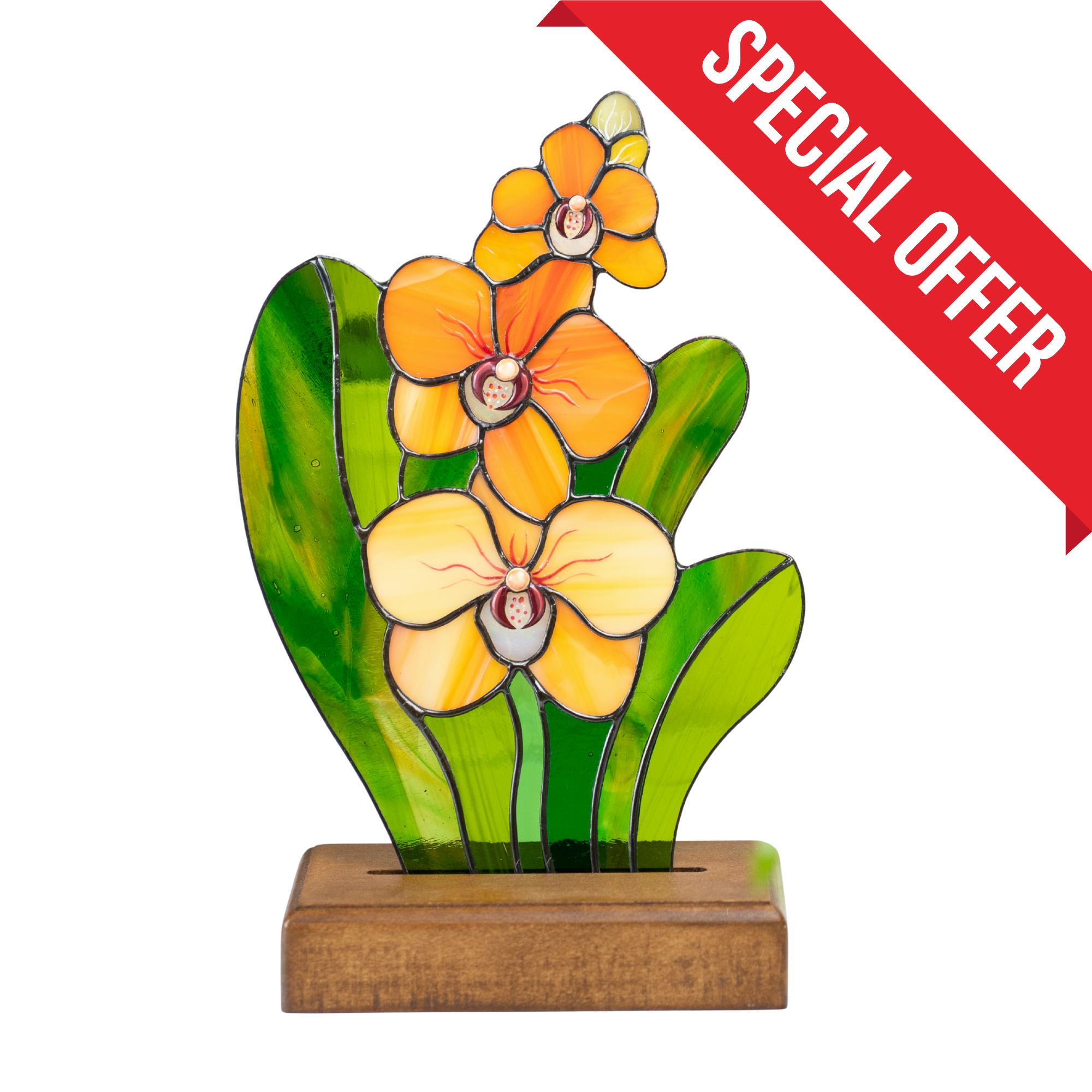 Orange Orchid on a Wooden Base - Stained Glass Panel