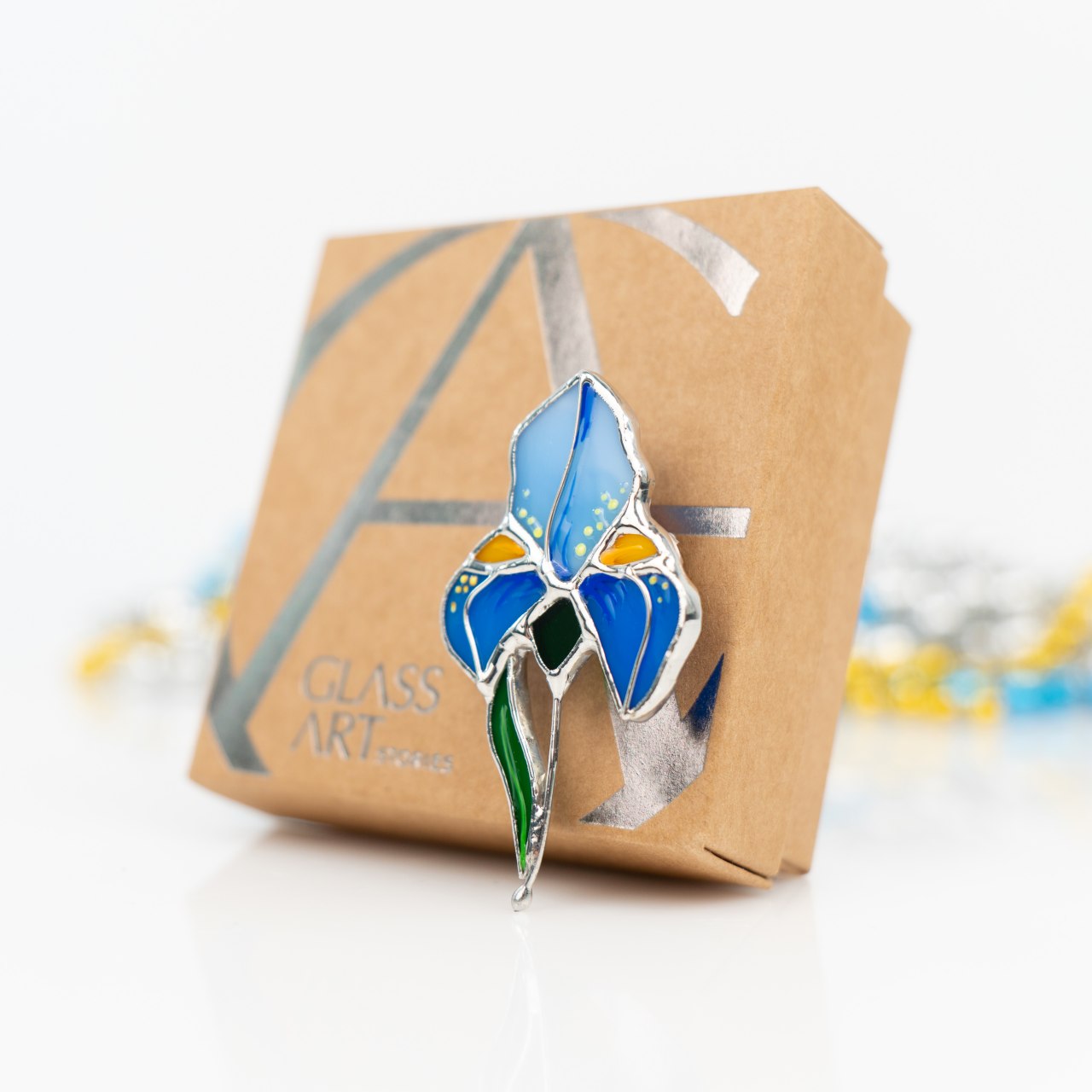  Stained glass bluish iris brooch 