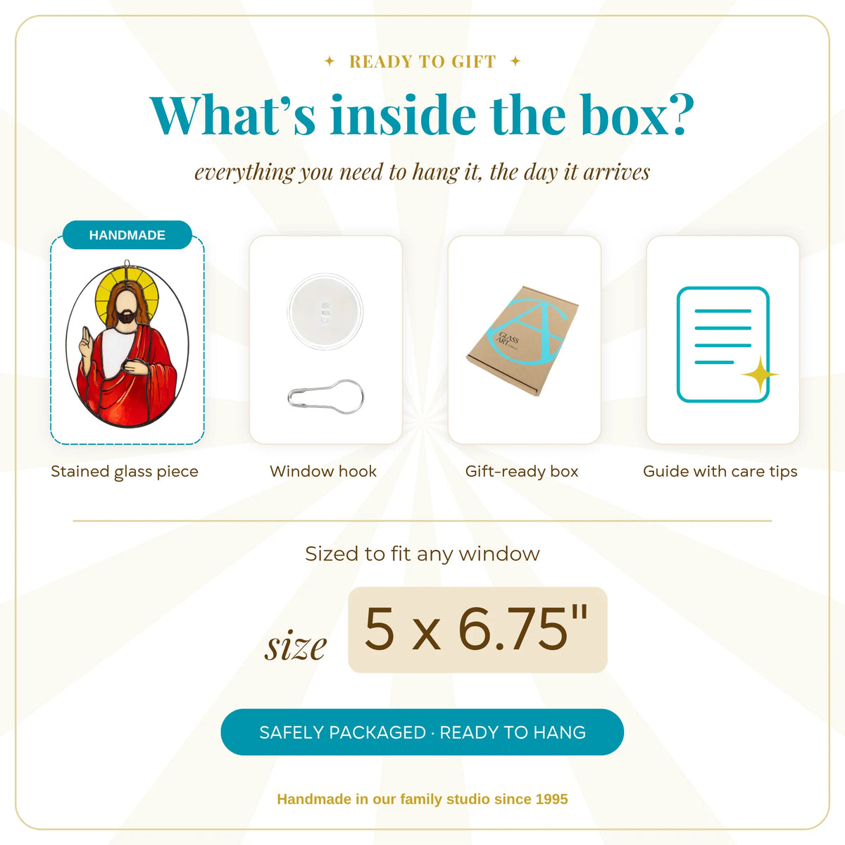 What's inside the box: handmade Jesus stained glass suncatcher, window hook, gift-ready box and care guide - 9 x 11 inches, safely packaged and ready to hang, made in our family studio since 1995