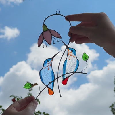 Stained glass pair of blue hummingbirds suncatcher