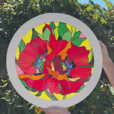 Stained glass round panel with poppies