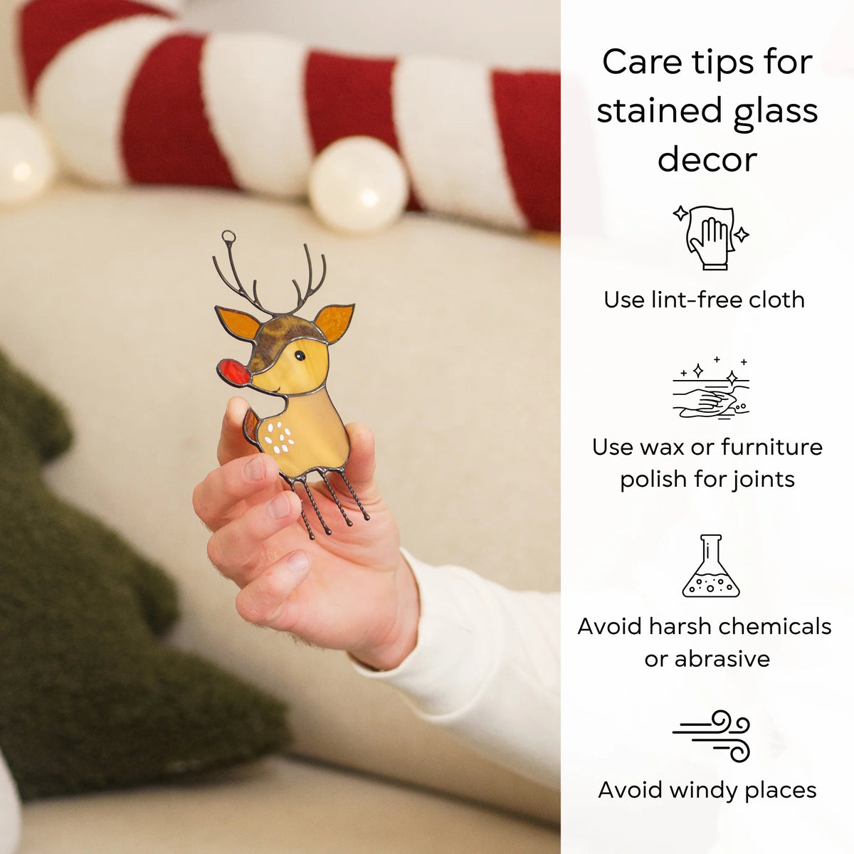 Care tips for stained glass Christmas decor reindeer: use lint-free cloth, use wax, avoid harsh chemicals