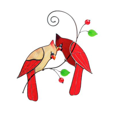 Handmade stained glass suncatcher - pair of red cardinals sitting on the branch