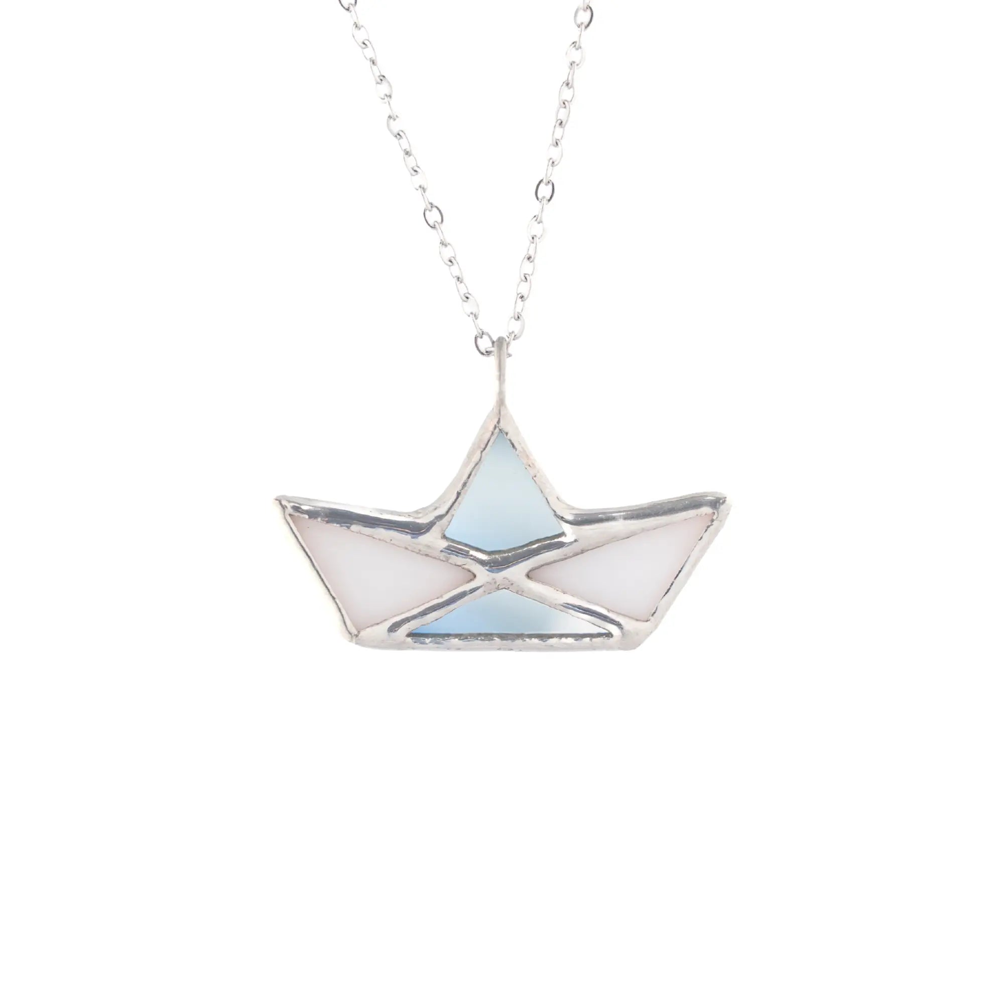 Handmade white paper boat stained glass necklace - origami-style boat pendant with copper foil seams on a stainless steel chain, a nautical gift for her