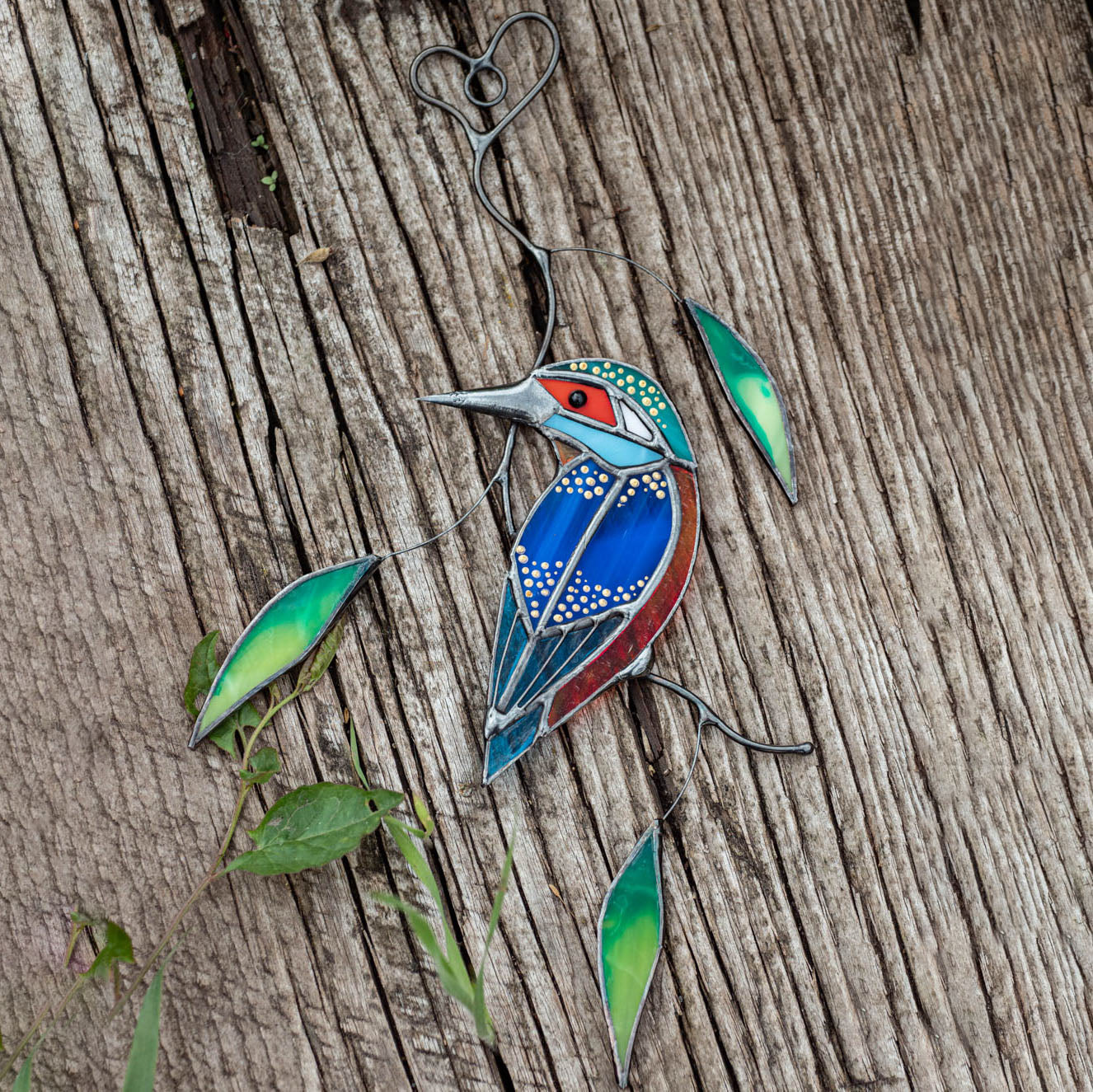 Bright kingfisher with leaves stained glass suncatcher for window decoration 