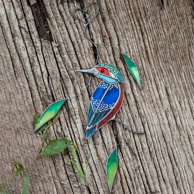 Bright kingfisher with leaves stained glass suncatcher for window decoration 