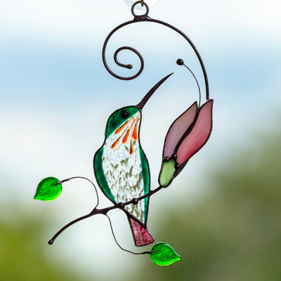 Hummingbird sitting on the branch with pink flower stained glass suncatcher for window decoration