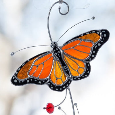 Zoomed stained glass monarch butterfly window hanging