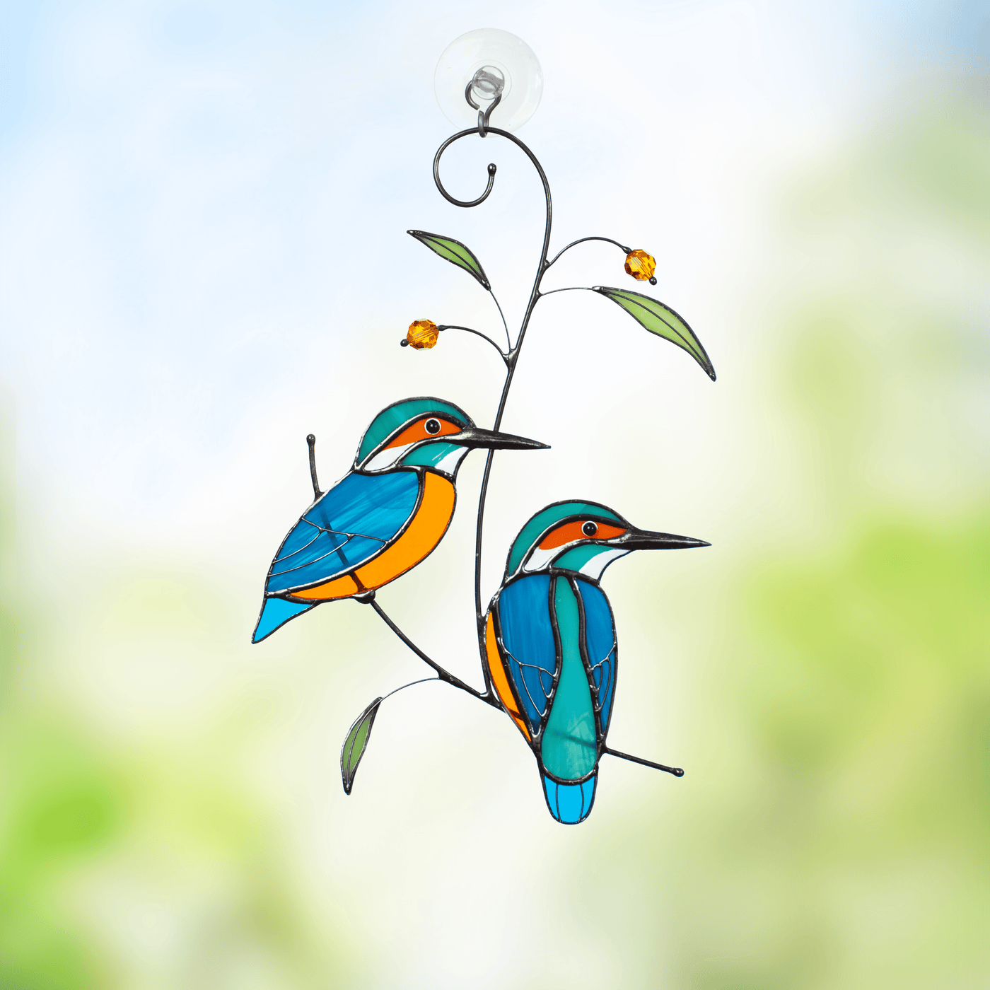 Kingfishers sitting on the branch with leaves and berries window hanging of stained glass