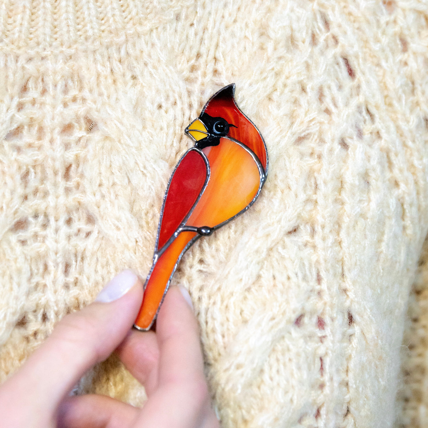 Red winter bird stained glass accessory