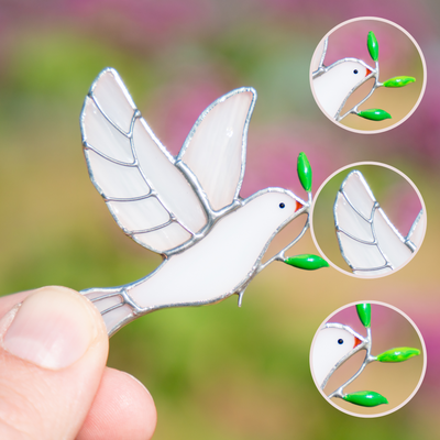 Zoomed stained glass dove of peace pin