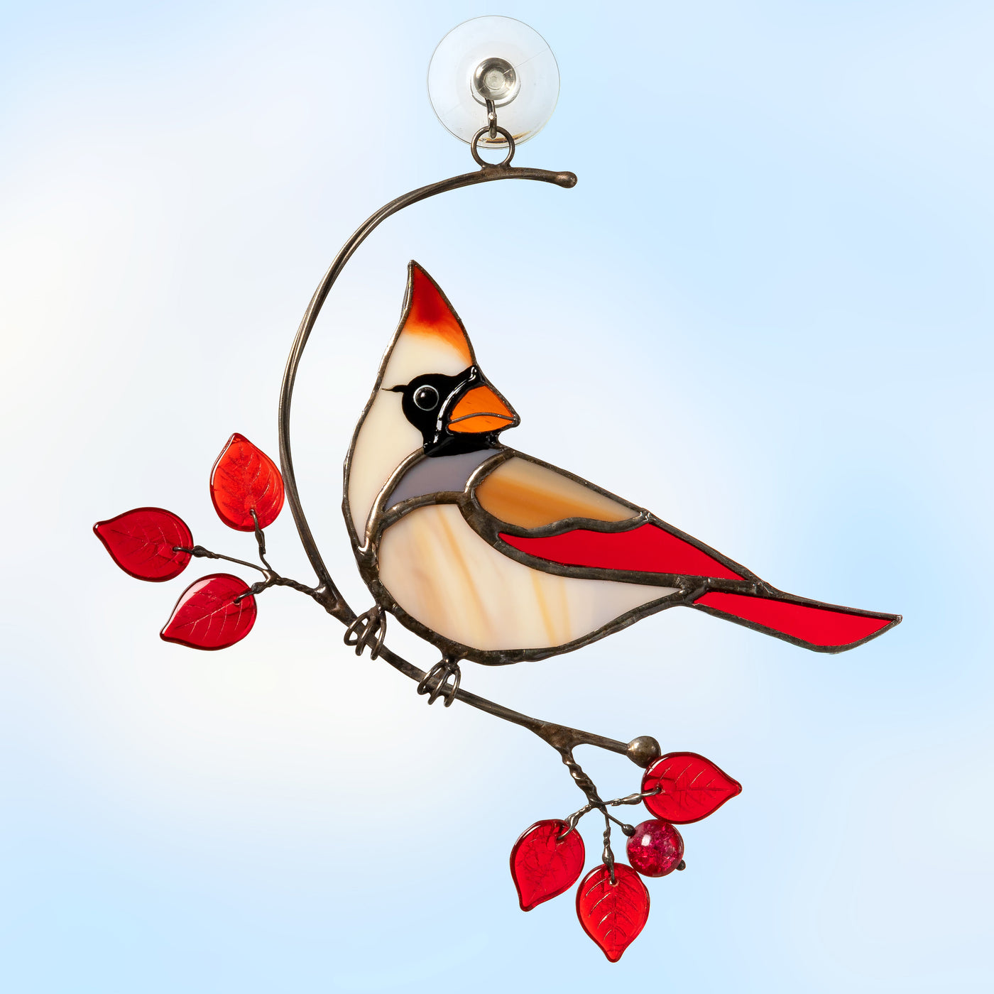 Female stained glass cardinal sitting on the branch with red leaves window hanging