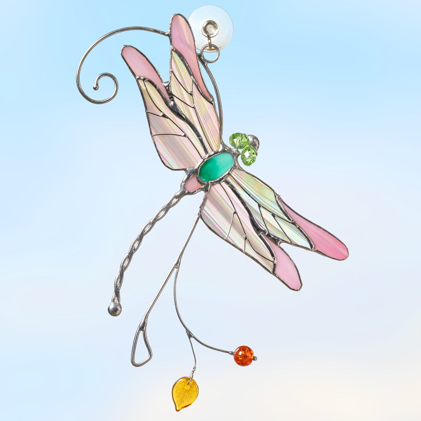 Stained glass irridescent-winged pink dragonfly suncatcher 