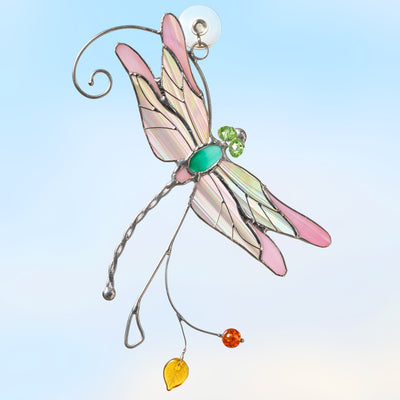 Stained glass irridescent-winged pink dragonfly suncatcher 